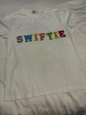 Lola + The Boys White Tee with Multicolor Sequin 'SWIFTIE' Letters